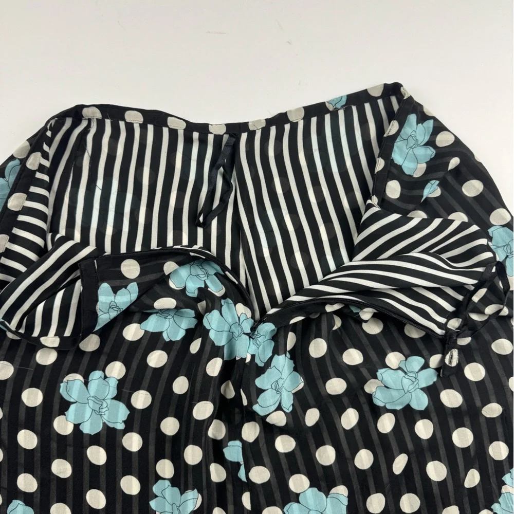 Valerie Stevens Black and Blue Floral Polka Dot silk Skirt size 18